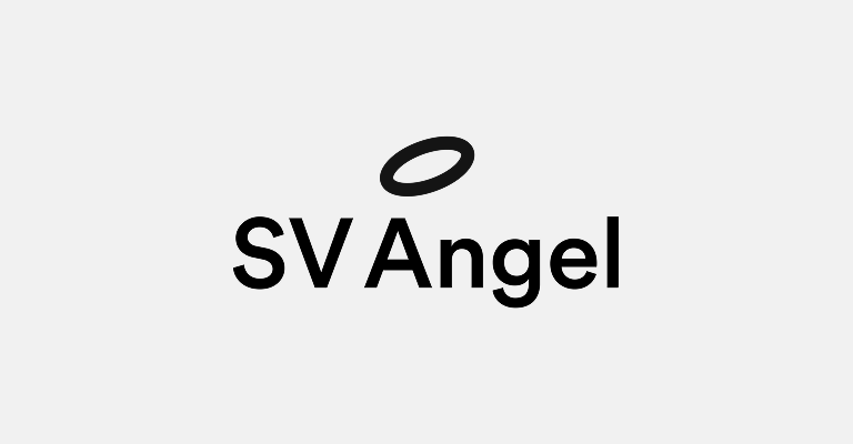 Logo of SV Angel featuring the company name 'SV Angel' with a stylized halo above the 'V'. The text is in bold black against a light gray background.