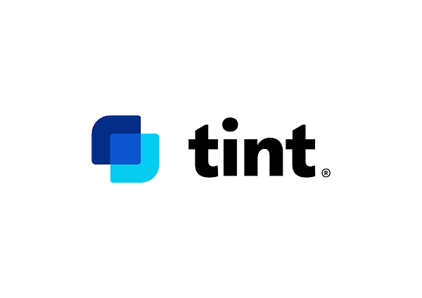 Logo of Tint featuring a blue square and a lighter blue overlapping square next to the word 'tint' in black font.