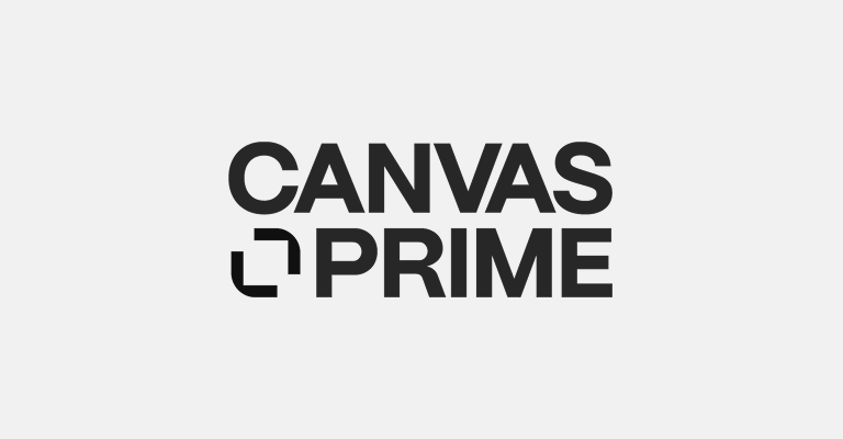 Logo for Canvas Prime featuring the text 'CANVAS PRIME' in bold, uppercase letters. The letters are black against a light gray background, with a square design element integrated into the text.