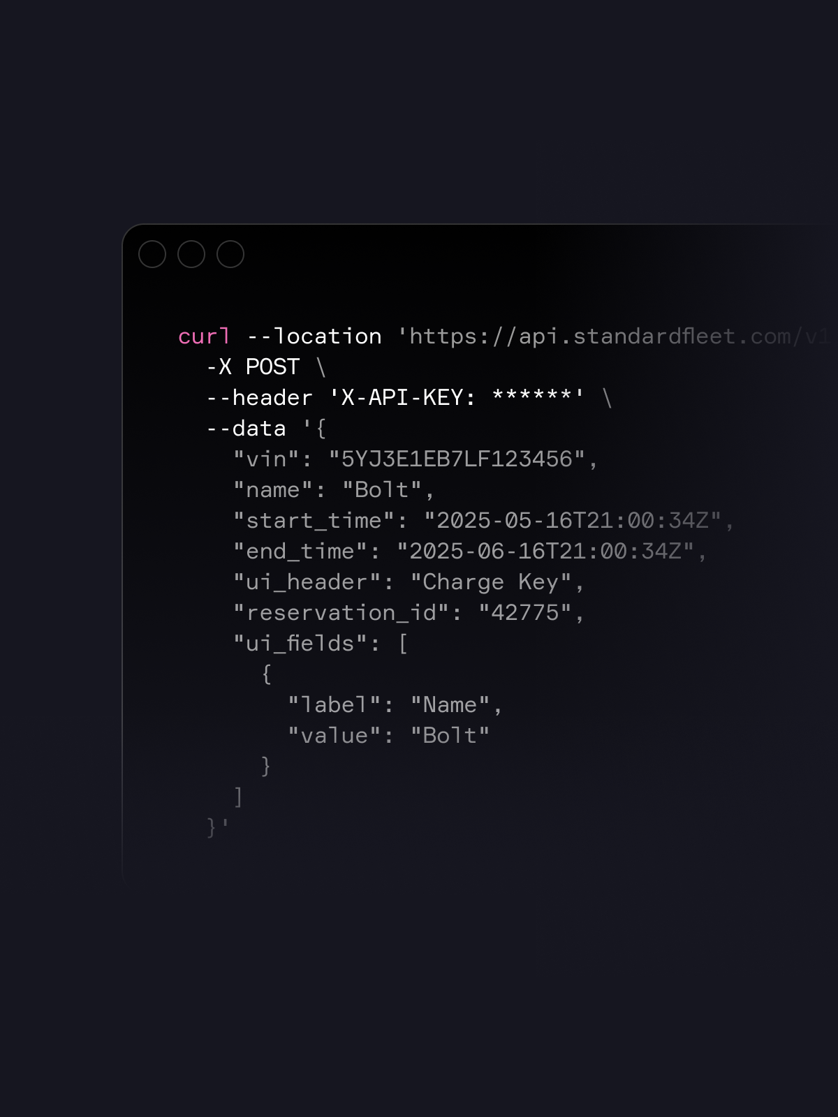 A computer terminal window displaying a cURL command for an API request. The command includes headers, data parameters, and various attributes such as VIN, start and end times, and reservation ID.