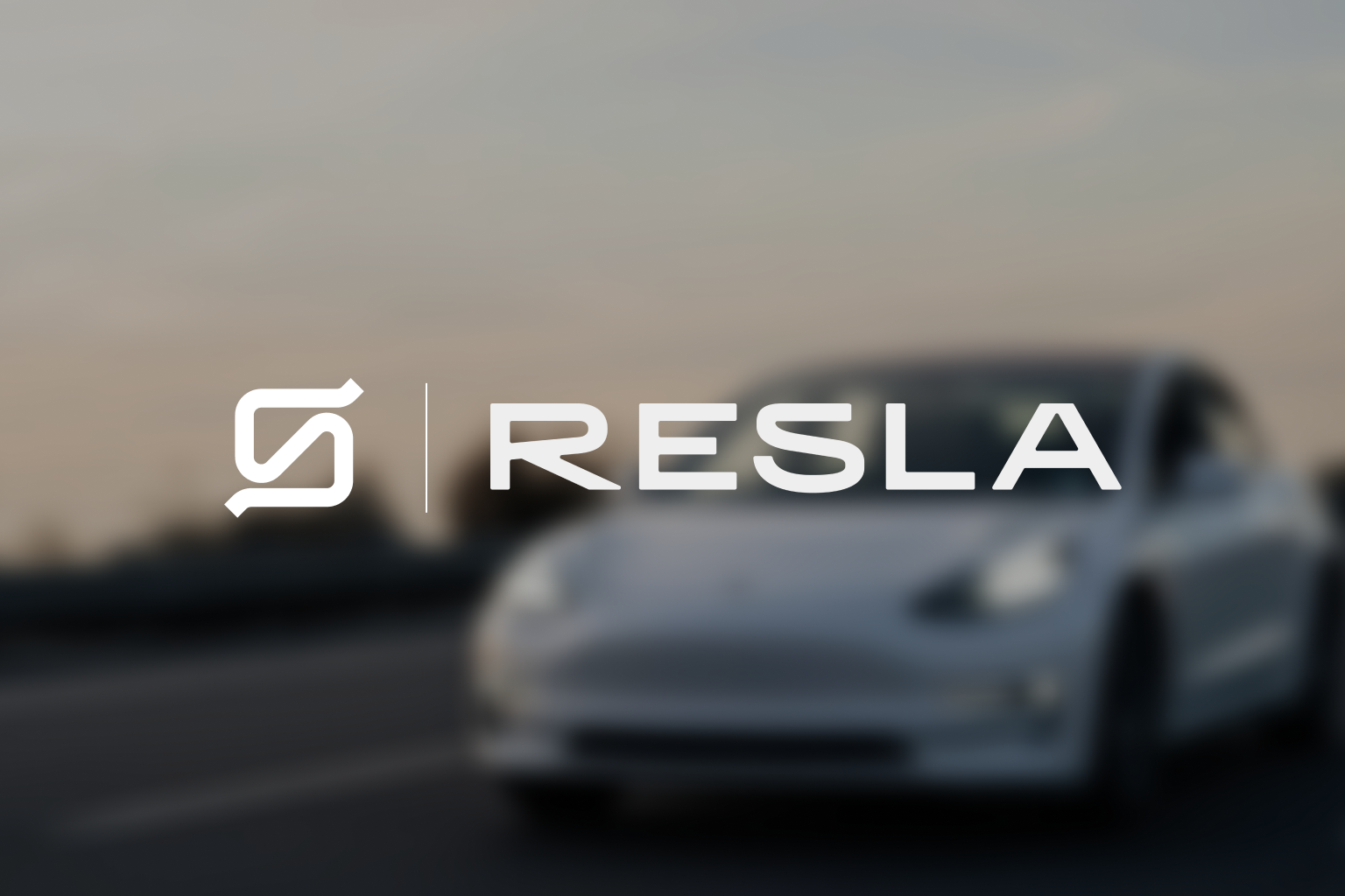 Blurred image of a white car driving on a road with the logo "RESLA" prominently displayed in the foreground, featuring stylized text and a geometric icon.