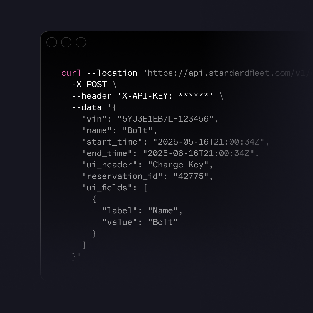 A computer screen displaying a cURL command used to send a POST request to an API for making a reservation. The command includes a JSON object with fields like VIN, name, start and end time, and reservation ID.