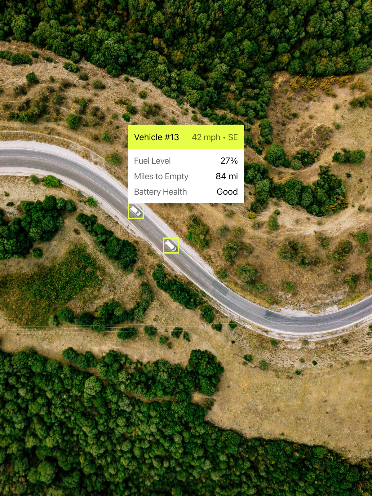 An aerial view of a winding road through green trees and grassy areas, showing a vehicle's status with details on fuel level, miles to empty, and battery health.