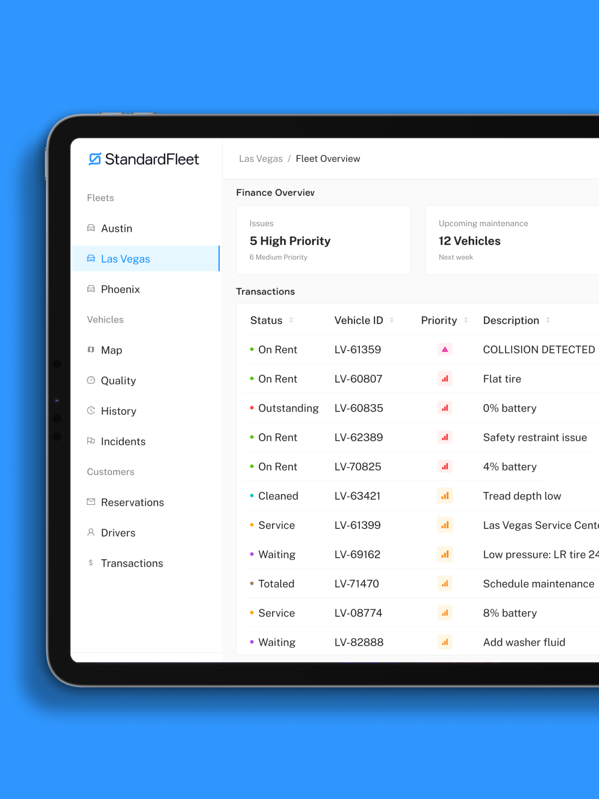 Tablet screen displaying a fleet management app overview for Las Vegas, featuring vehicle status, priority levels, and maintenance descriptions for several vehicles.