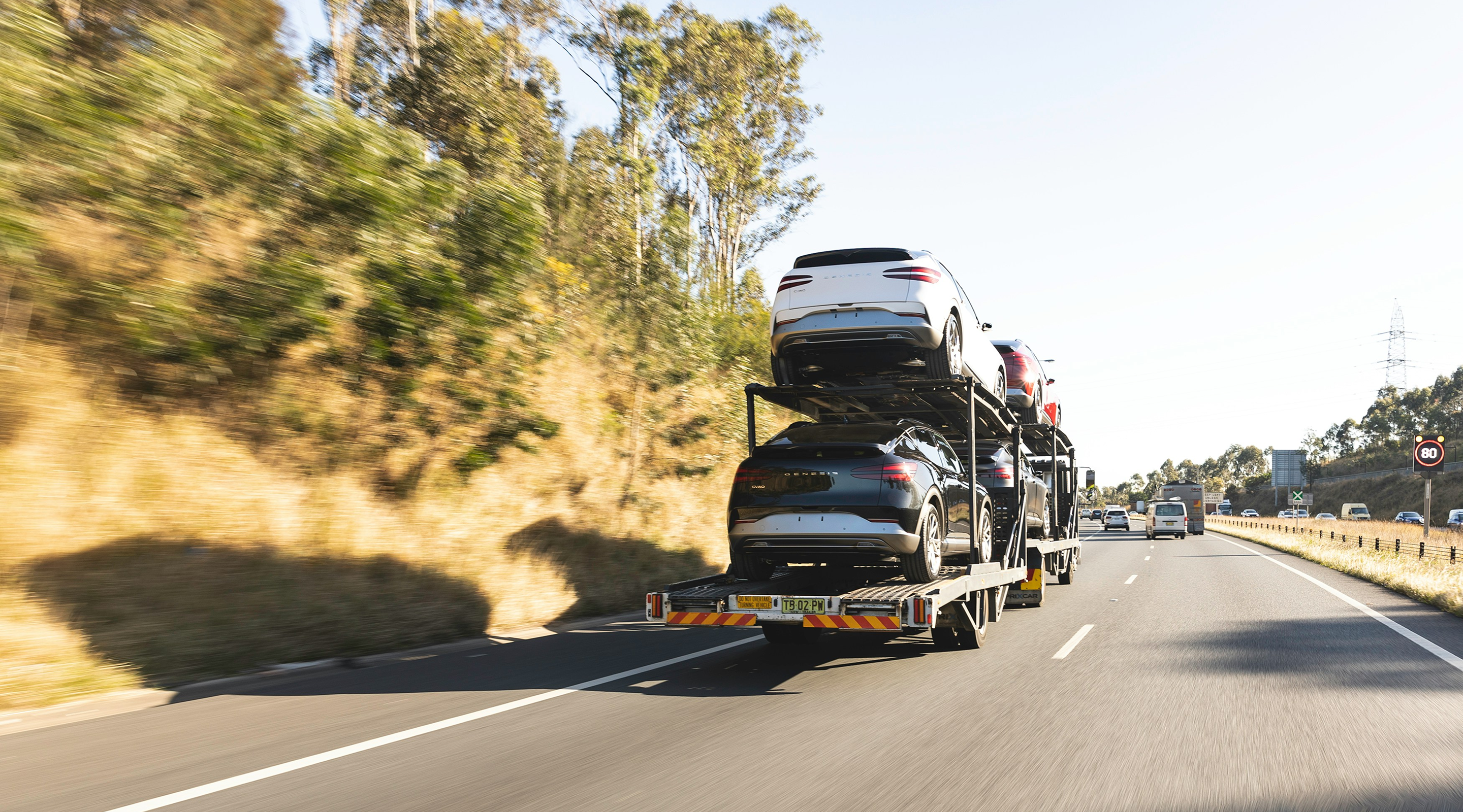 A car carrier truck traveling on a highway, loaded with several vehicles, including SUVs, on multiple levels. Green bushes and trees line the roadside under clear blue skies.