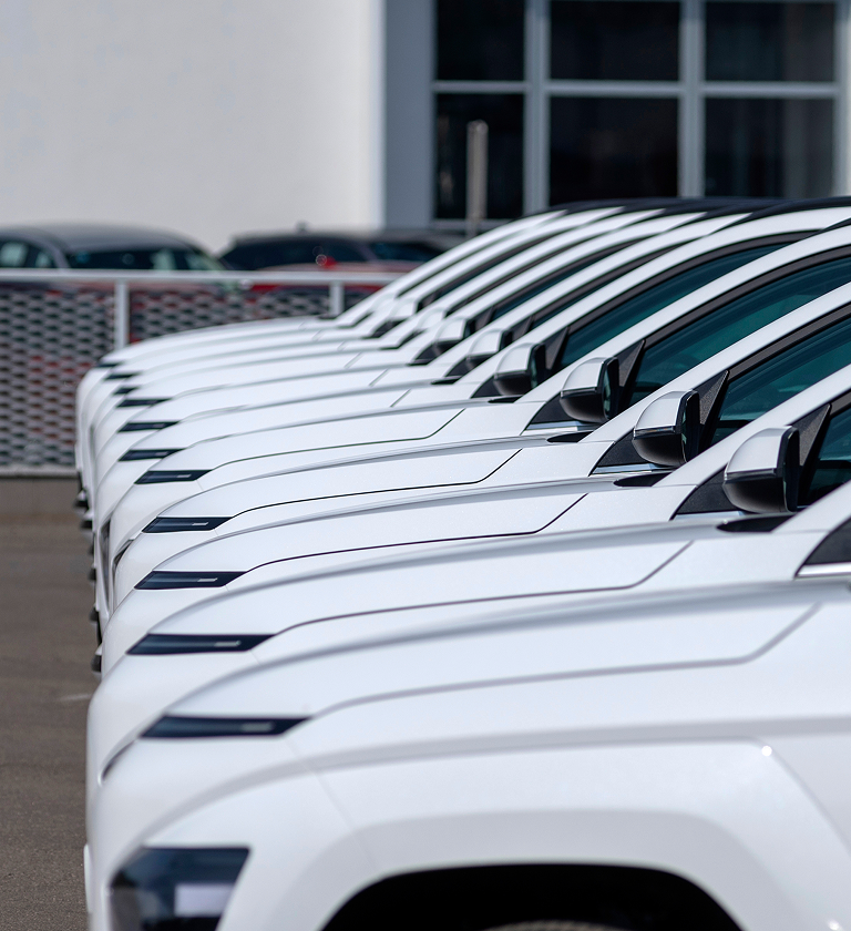 A row of white SUVs lined up in a parking lot, showing their front profiles and side mirrors, with additional vehicles visible in the background.