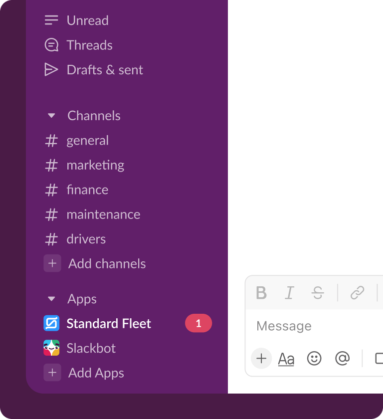 A screenshot of a messaging application interface showing a sidebar with menu options for 'Unread', 'Threads', 'Drafts & sent', various channels like 'general', 'marketing', and 'finance', as well as apps including 'Standard Fleet' and 'Slackbot'.