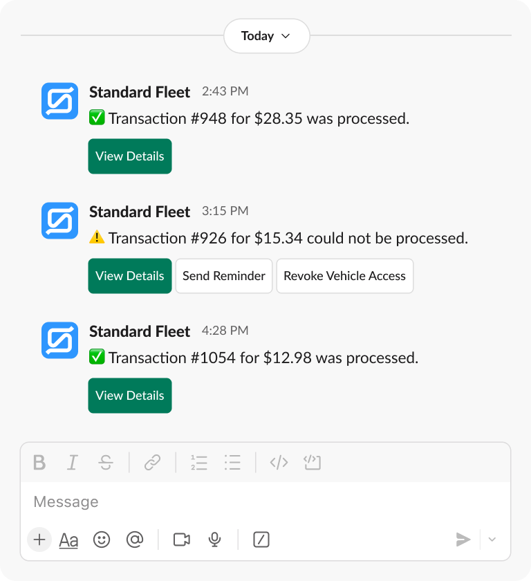 A messaging interface displaying notifications from Standard Fleet. Three transactions are shown: one processed for $28.35, one failed for $15.34, and another processed for $12.98. Action buttons include 'View Details,' 'Send Reminder,' and 'Revoke Vehicle Access.'