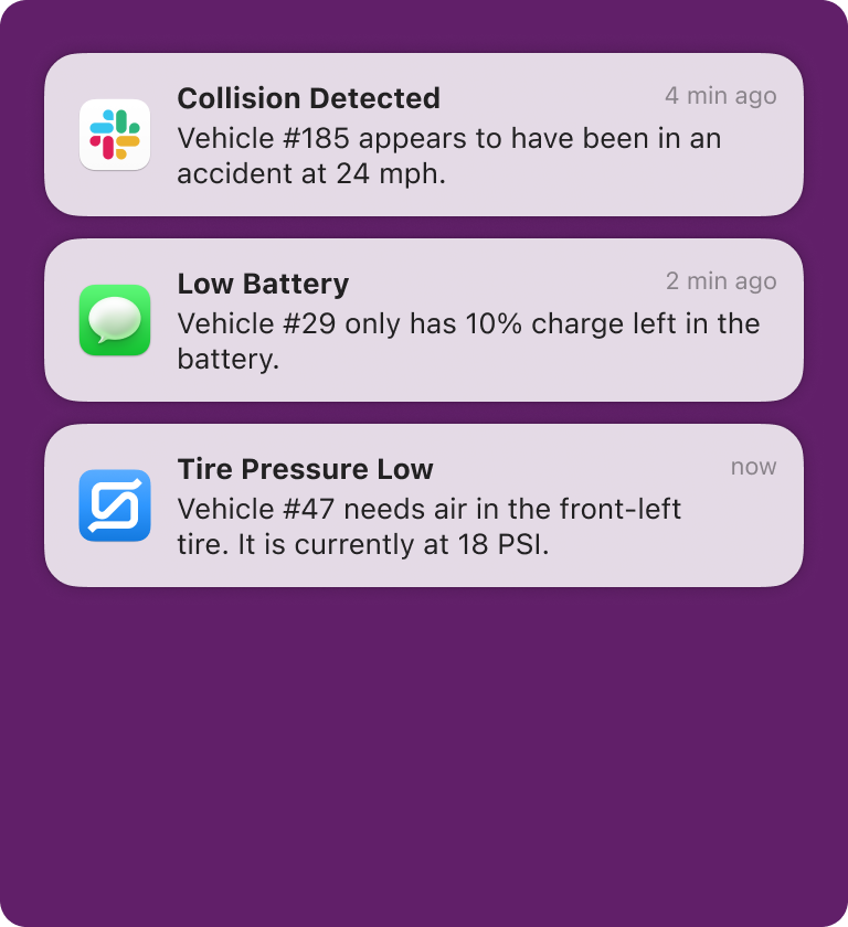 A smartphone screen displaying three notifications: "Collision Detected" for vehicle #185, "Low Battery" for vehicle #29, and "Tire Pressure Low" for vehicle #47, with details about each issue on a purple background.