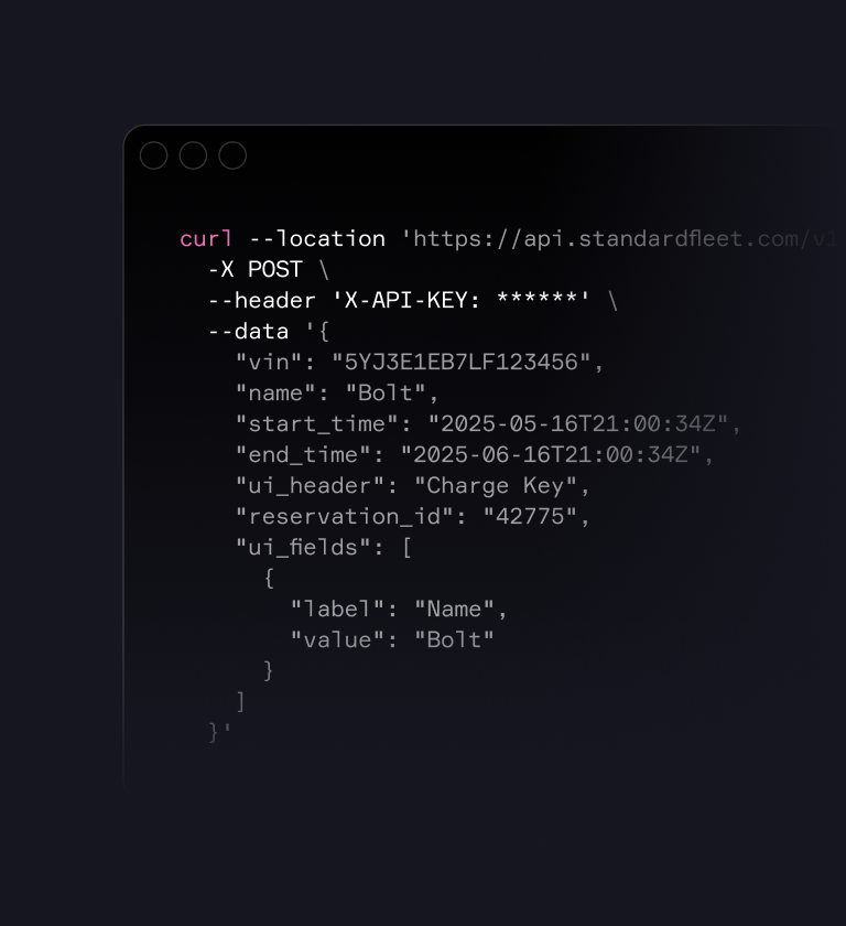 A code snippet displayed in a dark-themed terminal interface. The code outlines a cURL command for making a POST request to an API, containing JSON data with vehicle information such as VIN, name, start and end times, and UI fields.