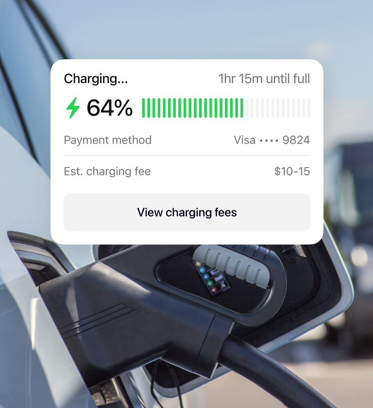 An electric vehicle charging screen showing 64% charge and an estimated time of 1 hour and 15 minutes until fully charged. It displays payment method details and estimated charging fees of $10-15.