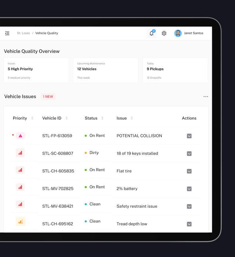A tablet screen displaying a vehicle quality management dashboard. It shows vehicle issues, including priority, vehicle ID, status, and specific issues like 'potential collision' and 'flat tire'. User information is visible at the top.