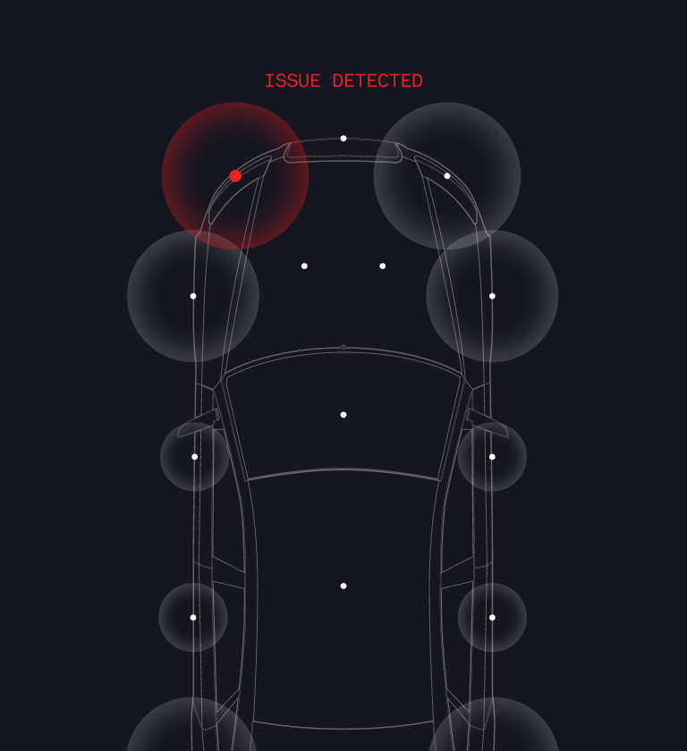 A graphical representation of a car outline on a dark background with highlighted areas indicating issues. The top of the image displays "ISSUE DETECTED" in red text, while various points along the car outline are marked with circular shapes.