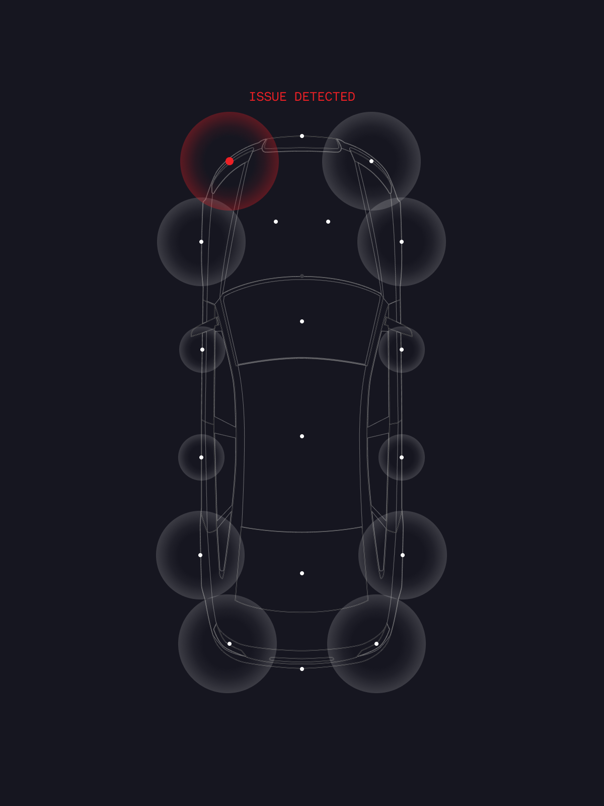 A schematic diagram of a vehicle, showing various sensor points with a highlighted area indicating an issue detected. The diagram features a dark background with white lines and grey circles representing sensors, and red text stating 'ISSUE DETECTED'.